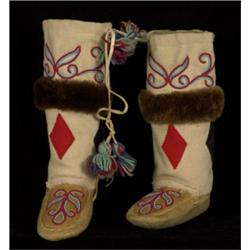 Pair of Child's Beaded Hightop Moccasins with Fur Trim Fair Condition…