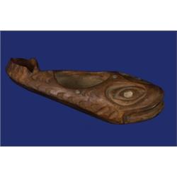 Tlingit Carved Yew Wood Sculpin Grease Dish with Abalone Inlay ca. 1920 9 1/4" L. Good Conditio…