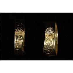 Carmen Goertzen Inter Locking Gold 14K with Bezel Set Diamond Ring Set Carved with Ravens, Killer…