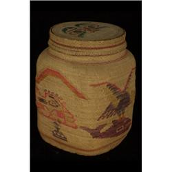 Superb Large Nuu-chah-nulth Basketry Covered Jar with Painted Lid 8 1/4"x 6" Good Condition…