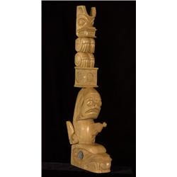 Carved Yellow Cedar Bear and Killer Whale Totem with Abalone Inlay 31 1/2" H. Good Condition…