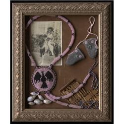 Shaddow Box Frame Collection with Photograph, Beaded item, Shells, Doll Mittens and Basket Fragme…