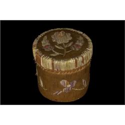 Great Lakes Porcupine Quill and Birch Bark Lidded Basket ca. 1880 4 1/4  D. 4  H. Fair Conditi…