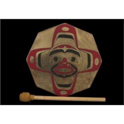 Painted Haisla Drum with Beater Sun Design by C. Bolton 11 1/2" W. Good Condition…