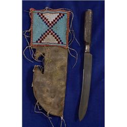 Northern Plains Beaded Knife Sheath with Antler Handled Knife 15 1/2" L. 4 1/2" W. Good Conditio…