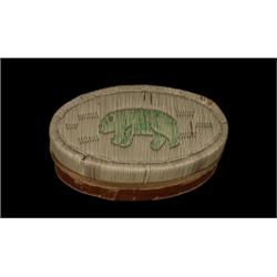 Oval Birch Bark and Porcupine Quill Lidded Container Bear Design 5" L. As Is…