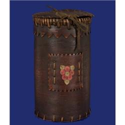 Birch Bark Cylindrical Container with Tufted Moose Hair Design 10" H. 6" D. Fine Condition…