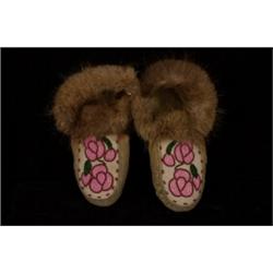 Pair of Beaded Moccasins Rose Design and Fur Trim Fair Condition…