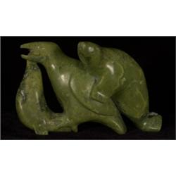 Inuit Green Soapstone Carving of Raven and Seal 7 3/4"x 5" Good Condition…