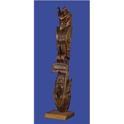 Gordon Clayton Carved Yellow Cedar Nishga Thunderbird and Whale Totem 27  H. Fine Condition…