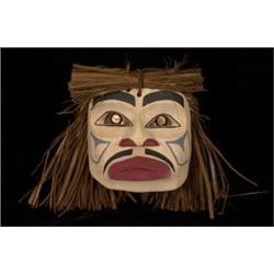 Northwest Coast Carved Mask with Copper Eyes and Cedar Bark Hair by Ronald Philip 8 1/2" H. 7 1/2…