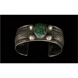 Fine Old Navajo Stamped Heavy Coin Silver and Spider Web Turquoise Bracelet…