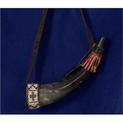 Cree Beaded and Tacked Powder Horn with Quill Work 12" L. Fair Condition…