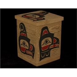 Gordon Clayton Carved Nishga Raven and Eagle Wood Box 5"x 5"x 61/2" H. Fine Condition…