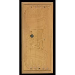 Henry McKay Carved Yellow Cedar Plaque Nass River Raven, Sun, Frog and Eagle 25 3/4"x 11 1/2" Go…