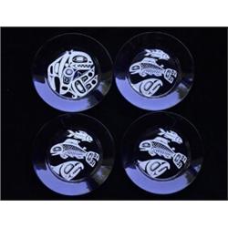 Four Blue Glass Plates by Lyle Wilson Salmon and Killer Whale Designs 10 3/4" D.…