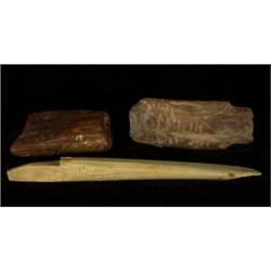 Three Inuit Walrus Ivory Artifacts, Harpoon Head 11" L., Two Scrapers Good Condition Not Allow…