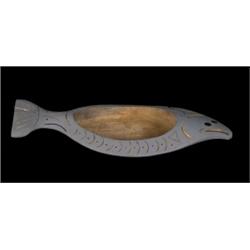 Carved Northwest Coast Halibut Bowl 14 1/4" L. 5 3/4" W. Good Condition with Repair to Tail…