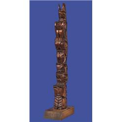Carved Cedar Totem with Raven, Killer Whale and Bear Holding Copper 33" H. Fine Condition…