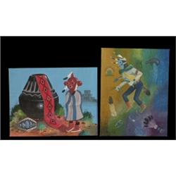 Two Original Navajo Paintings by Henry Clay Mudhead Kachina Dancer 18"x 14" Fair Condition…
