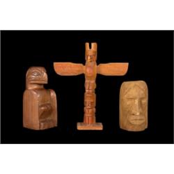 Three Salish Cedar Carvings, Totem, Eagle and Head 11" H. - 8" H. - 6 1/2" H. Good Condition…