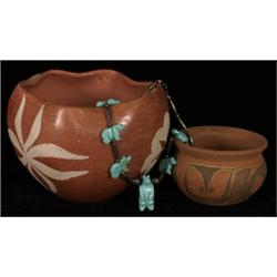Small Northwest Coast Pot Signed SD, a Southwest Pot and a Silver and Bear Fetish Necklace…