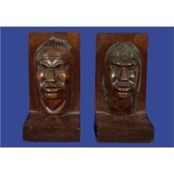 Pair of Old Carved Wood Indian Head Book Ends 6 1/2" H. 3 1/2" W. Fair Condition…