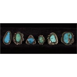 Six Navajo Silver and Turquoise Rings  Good…