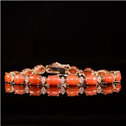 14K Gold 15.68ct Coral 0.80ct Diamond Bracelet