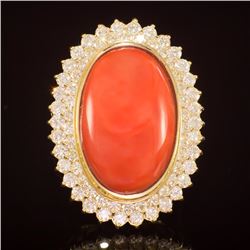 14K Gold 31.50ct Coral 2.04ct Diamond Ring