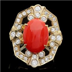 14k Yellow Gold 5.00ct Coral 1.10ct Diamond Ring