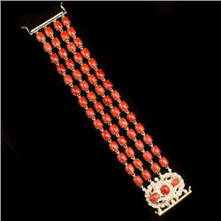 14K Gold 58.82ct Coral 1.21ct Diamond Bracelet
