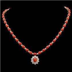 14K Gold 30.93ct Coral & 2.85ct Diamond Necklace