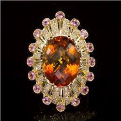 14K Gold 15.34ct Citrine, 0.90ct Pink Sapphire 1.10ct Diamond Ring