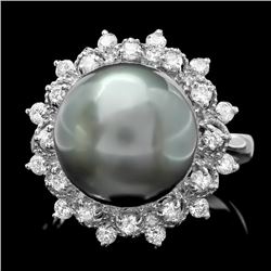 14k White Gold 12.5mm Pearl 0.60ct Diamond Ring