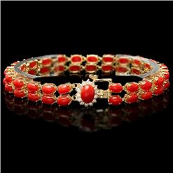 14k Gold 19ct Coral 0.50ct Diamond Bracelet