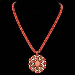 14k Gold 66ct Coral 4.40ct Diamond Necklace