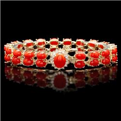 14k Gold 27ct Coral 0.70ct Diamond Bracelet