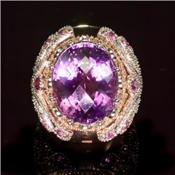 14K Gold 16.5ct Amethyst, 1.10ct Fancy Color Sapphire 1.25ct Diamond Ring