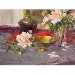 John Encinias | b. 1949 | Brass Dish & Peonies