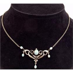 A Continental Art Nouveau necklet, set with opals and rose cut diamonds, stamped 585 and a 9ct go...