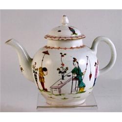 A Derby teapot and cover, circa 1765, of globular ovoid form, enamelled with Chinese figures at a...