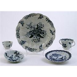 A small Caughley blue and white fluted dish, circa 1785, printed with the Fisherman Pattern, unde...