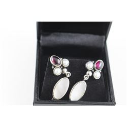 ESTATE STERLING SILVER EARRINGS WITH PEARL, GARNET AND MOTHER OF PEARL