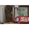 Image 2 : 2 WEST COAST NATIVE DECORATIVE CARVINGS, FRAMED BEV DOOLITTLE PRINT AND A 5CENT DRINK PEPSI COLA