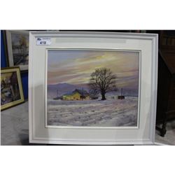 FRAMED ORIGINAL OIL ON CANVAS PAINTING  WINTER FARMHOUSE SCENE  BY ARTIST LORA ARMBRUSTER