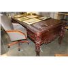 Image 2 : CARVED MAHOGANY DOUBLE PEDESTAL EXECUTIVE DESK - LION HEAD CARVED LEGS - TOP NEEDS REFINISHING AND