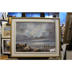 FRAMED ORIGINAL OIL ON CANVAS PAINTING TITLED "CLOUDS AT WHITE ROCK"  BY ARTIST LORA ARMBRUSTER