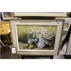 FRAMED ORIGINAL OIL ON CANVAS PAINTING TITLED  FRUIT AND DAISIES   BY ARTIST LORA ARMBRUSTER