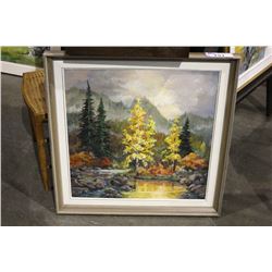 FRAMED ORIGINAL OIL ON CANVAS PAINTING TITLED  THREE GOLDEN LARCHES   BY ARTIST LORA ARMBRUSTER